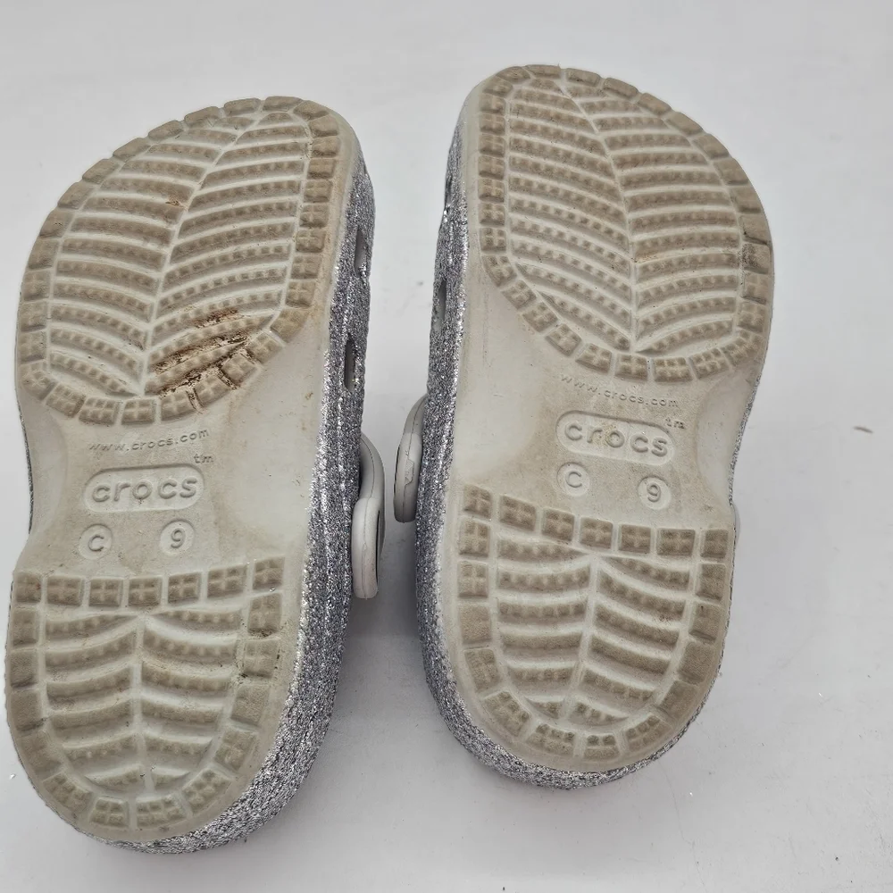Crocs Baya Glitter Clogs Silver Little Kids Size 9 Toddler Sparkly Comfort Shoes